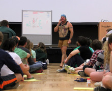 Cody Lundin explains the dangers of hyperthermia and hypothermia in his lecture about survival Tuesday night in the Smith Student Center Ballroom. He is the co-host of the Discovery Channel show Dual Survival and he has authored of two books.