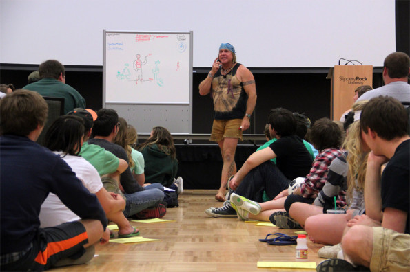 Cody Lundin explains the dangers of hyperthermia and hypothermia in his lecture about survival Tuesday night in the Smith Student Center Ballroom. He is the co-host of the Discovery Channel show Dual Survival and he has authored of two books.
