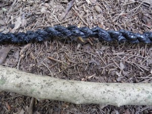 Reverse-wrapped cordage made from one 55 gallon drum liner. Even at this thickness, it stretched dramatically with use. Above is the abrasion result from 3 separate passes with known 'easy' bow drill set. Was unsuccessful in making a coal.